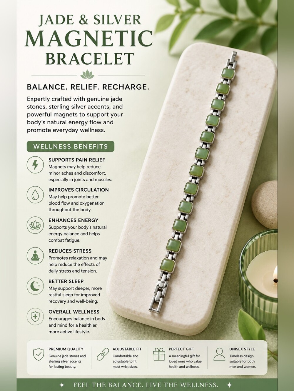 Jade & Silvertone Magnetic Bracelet - Green Jadestones